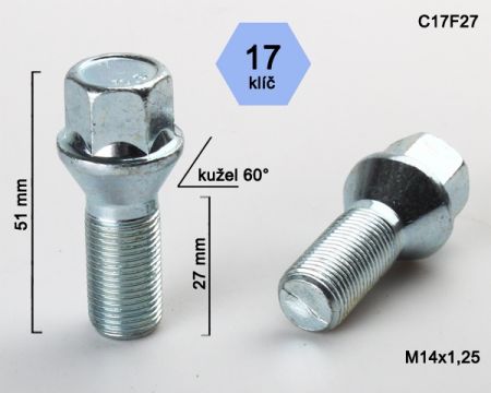 Skrutka M14 x 1,25 • kužel 60°, závit 27,6 mm