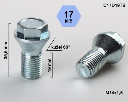 Skrutka s nízkou hlavou (7 mm) M14 x 1,5 • kužel 60°, závit 19 mm