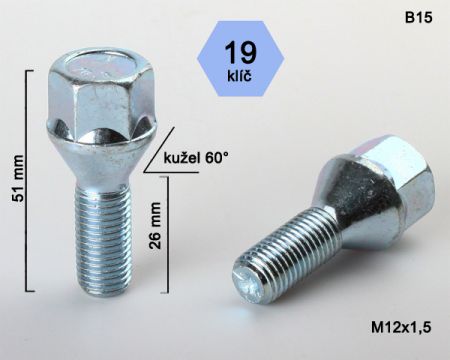 Skrutka M12 x 1,5 • kužel 60° • 19 mm kľúč