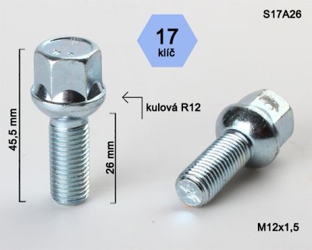 Skrutka M12 x 1,5 • guľa (polomer 12 mm) , závit 26 mm