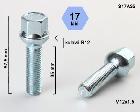 Skrutka M12 x 1,5 • guľa (polomer 12 mm), závit 35 mm