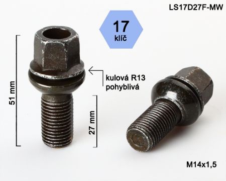 Skrutka M14 x 1,5 s podložkou a dutou hlavou • guľa (polomer 13 mm) • 17 mm kľúč