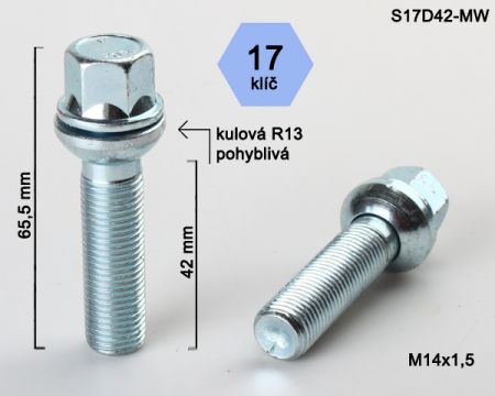 Skrutka M14 x 1,5 s podložkou • guľa (polomer 13 mm), závit 42 mm