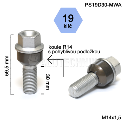 Skrutka M14 x 1,5 s pohyblivou podložkou • guľa (polomer 14 mm) • 19 mm kľúč