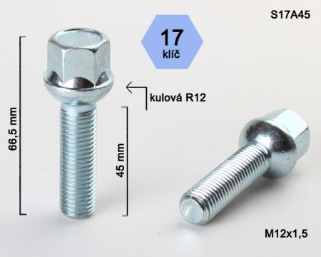 Skrutka M12 x 1,5 • guľa (polomer 12 mm), závit 45 mm