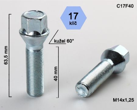 Skrutka M14 x 1,25 • kužel 60°, závit 40 mm