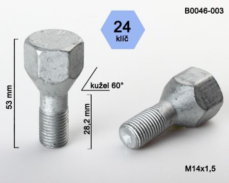 Skrutka M14 x 1,5 • kužel 60°, závit 28,2 mm, kľúč 24 mm