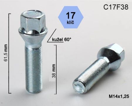 Skrutka M14 x 1,25 • kužel 60°, závit 38 mm