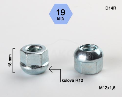 Otvorená matica rozmer : M12x1,5 guľová R12, klúč 19, výška 18mm