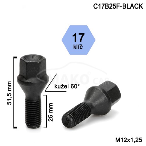 Skrutka M12x1,25x25 kužel, kľúč 17, čierna, výška 51,5mm
