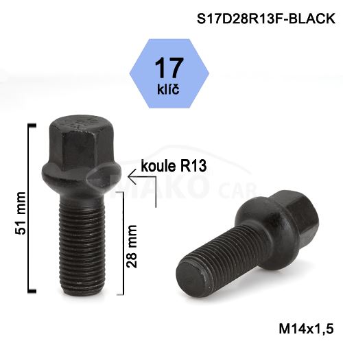 Skrutka M14x1,5x28 gulová R13, kľúč 17, čierna, výška 51mm