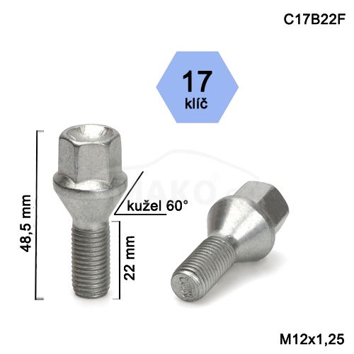 Skrutka M12x1,25x22 kuželľ kľúč 17 (C17B22F) výška 48,5mm