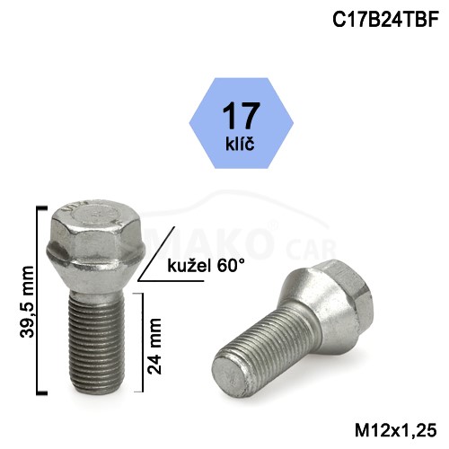 Skrutka M12 x 1,25 • kužel s krátkou hlavou, kľúč 17mm, výška 39,5 mm